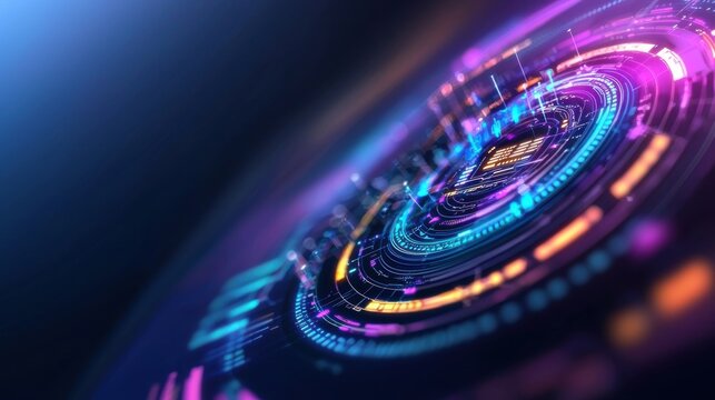 Glowing sci fi holographic interface fading from the right, deep blue and purple tones, futuristic digital design, high tech branding