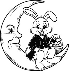 Dapper Easter Bunny on the Moon - Line Art Illustration