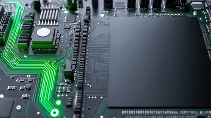 High tech motherboard circuit glowing green on the left, sleek technology theme, empty dark right side for branding or text