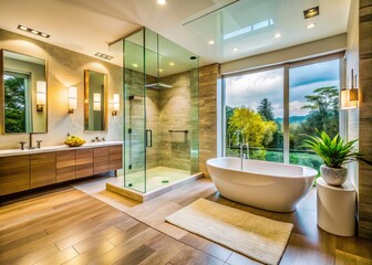 Fototapeta premium Luxurious Bathroom: Modern Shower and Bathtub in New Home