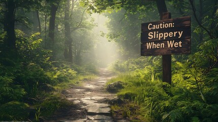 Misty green forest trail with 'Caution Slippery When Wet' warning sign surrounded by lush vegetation creating ethereal atmospheric woodland landscape in morning fog