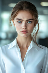 Obraz premium A beautiful woman with bright blue eyes stands in a contemporary office wearing a white shirt, showcasing a serious and focused expression