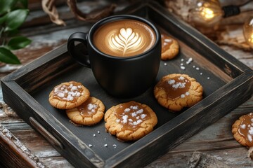A matte black coffee cup sits on an industrial-style tray alongside salted caramel cookies. Soft, moody lighting enhances the cozy atmosphere, perfect for enjoying a sweet treat