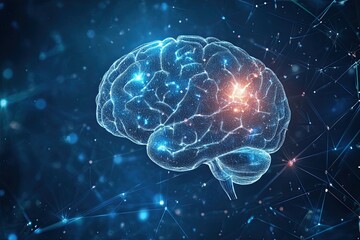 Image of human brain, hologram, blue background. Concept of artificial intelligence, neural networks.