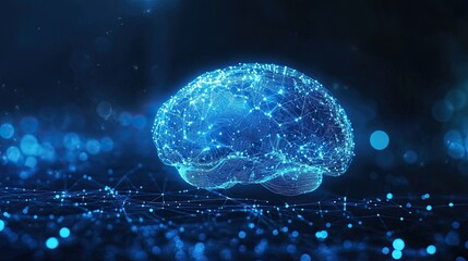 Obraz premium Image of human brain, hologram, blue background. Concept of artificial intelligence, neural networks.