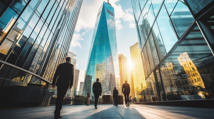 A wide-angle shot showing business professionals walking in front of a futuristic glass skyscraper