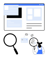 Woman using magnifying glass, examining a webpage, financial transactions. Ideal for finance, ecommerce, business analysis, content review, auditing security research. Modern abstract line flat