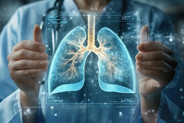 Medical concept, doctor's hands in blue coat close-up. Kidney ultrasound, x-ray, hologram