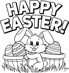 Adorable Happy Easter Bunny in Egg Basket - Line Art Illustration