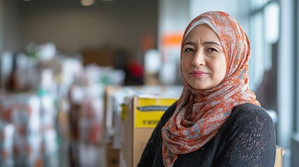 Muslim woman in a charity center volunteering for a humanitarian cause