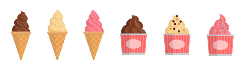 Set of delicious ice creams in cones and cups