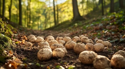 Obraz premium Puffball Mushrooms In Autumn Forest Landscape. Warm Light Filtering Through The Trees Creates A Magical, Woodland Scene.