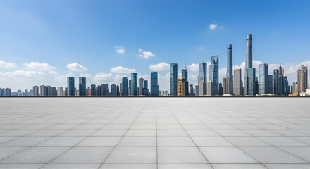 Obraz premium Empty square floor and modern city skyline with buildings under blue sky, modern city skyline, modern city background, banner, concept, city background