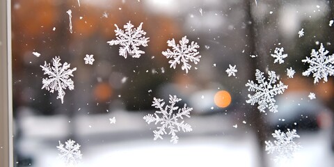 Delicate snowflakes adorn a window, illuminated by a warm sunset glow in the background, creating a winter