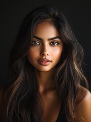 Naklejka premium A photograph of an extremely beautiful Indian woman with long, dark hair, wearing minimalist and makeup