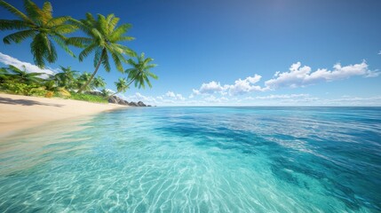 Obraz premium Tropical Beach Paradise; Calm Ocean, Palm Trees, Sunny Day
