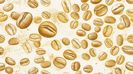 Obraz premium Sketchy gold coffee beans scattered on an off-white background with faint speckles.