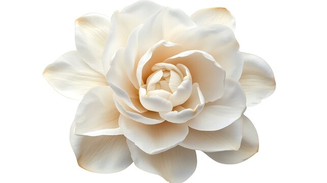 Top view of a white gardenia with delicate petals, isolated on a white background.