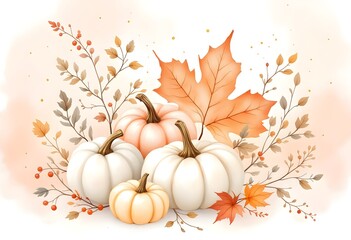 Naklejka premium Autumn Illustration Featuring Pumpkins and Leaves with Warm Seasonal Hues