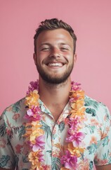 Portrait of a smiling man wearing a Hawaiian shirt and flower leis, against a solid pink background