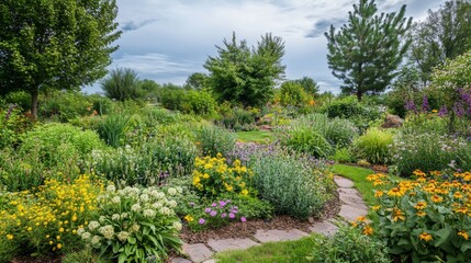 Obraz premium Lush flower garden blooming in summer with stone path