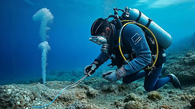 A diver in a high-tech wetsuit secures a fiber-optic cable to the ocean floor, carefully fastening it to prevent movement from strong underwater currents.
