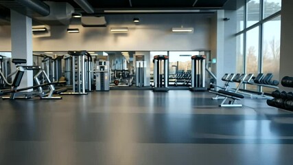 A contemporary fitness center with a vertical ad banner hanging near the entrance, promoting fitness services, surrounded by modern gym equipment and a vibrant atmosphere.