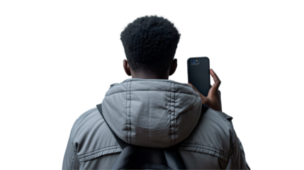 Man in Gray Jacket Taking Selfie Winter Casual Style, Smartphone in Hand, isolated on transparent background.
