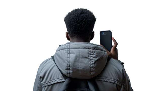 Man in Gray Jacket Taking Selfie Winter Casual Style, Smartphone in Hand, isolated on transparent background. - Powered by Adobe