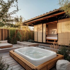 Relaxing outdoor spa area with hot tub and daybed