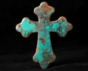 Turquoise cross with an ancient, weathered look on a black background.