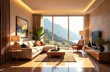 Fototapeta premium Modern interior japandi style design livingroom. Lighting and sunny scandinavian apartment with plaster and wood. 3d render illustration.