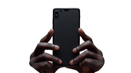 Man Holding Smartphone Modern Device Closeup, Dark Screen for Tech Themes, isolated on transparent background.