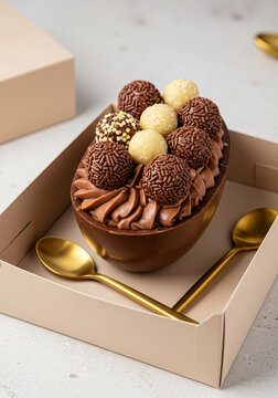 Ovo de Colher Artesanal de Chocolate com Creme de Confeiteiro e Brigadeiros no Topo em Embalagens de Transporte