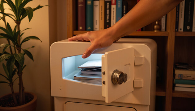 Hand opening secure storage box in cozy interior