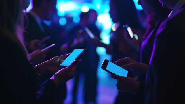 Attendees at a tech conference networking with smartphones in hand