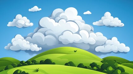 Obraz premium Cartoon Landscape with Green Hills and Fluffy Clouds on a Sunny Day