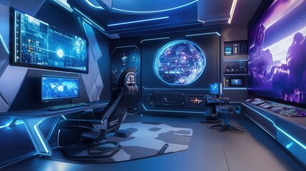 Fototapeta premium a futuristic gaming room with a VR headset, interactive walls displaying 3D visuals, and ergonomic furniture. 