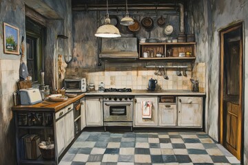 Rustic kitchen with vintage appliances and checkered floor.