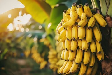 Naklejka premium Ripe yellow bananas on tree in sunlit plantation 