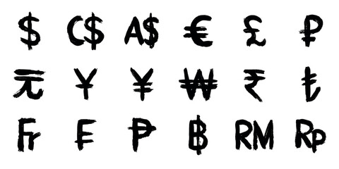 Hand drawn currency symbol set Dollar euro pound ruble yuan yen won rupee lira franc peseta baht ringgit rupiah