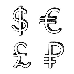 Fototapeta premium Hand drawn multiple currencies symbol set Dollar euro pound ruble