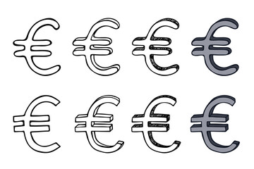 Obraz premium Hand drawn euro currency symbol set Brush stroke doodle Single element for design