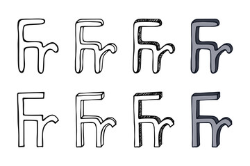 Hand drawn french franc gold currency symbol set Brush stroke doodle Single element for design