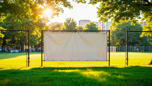 Street banner mockup PSD. Soccer field banner mockup in summer park, community engagement