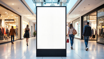 Street banner mockup PSD. Blank advertisement board in shopping mall with passing shoppers, marketing