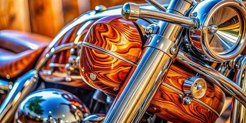 Fototapeta premium Macro Detail Chrome Motorcycle Wooden Accents Custom Bike Vintage Style