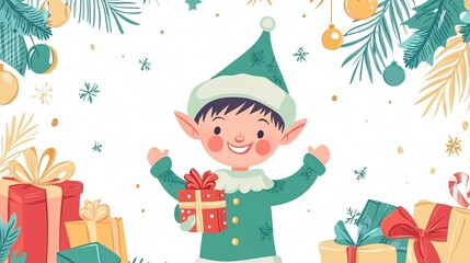 Fototapeta premium Festive Elf Supporting Santa Claus at Christmas Eve