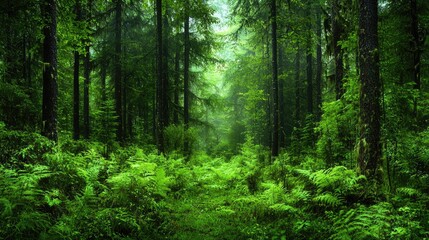 Obraz premium Lush green forest path, misty morning light, nature's beauty, tranquility