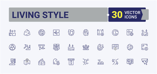 Set of Living Style line icons. Includes thin line exercise, fit, health, gym, Lifestyle, food, active, habit, nutrition. Pixel perfect. Minimalist editable vector stroke.
